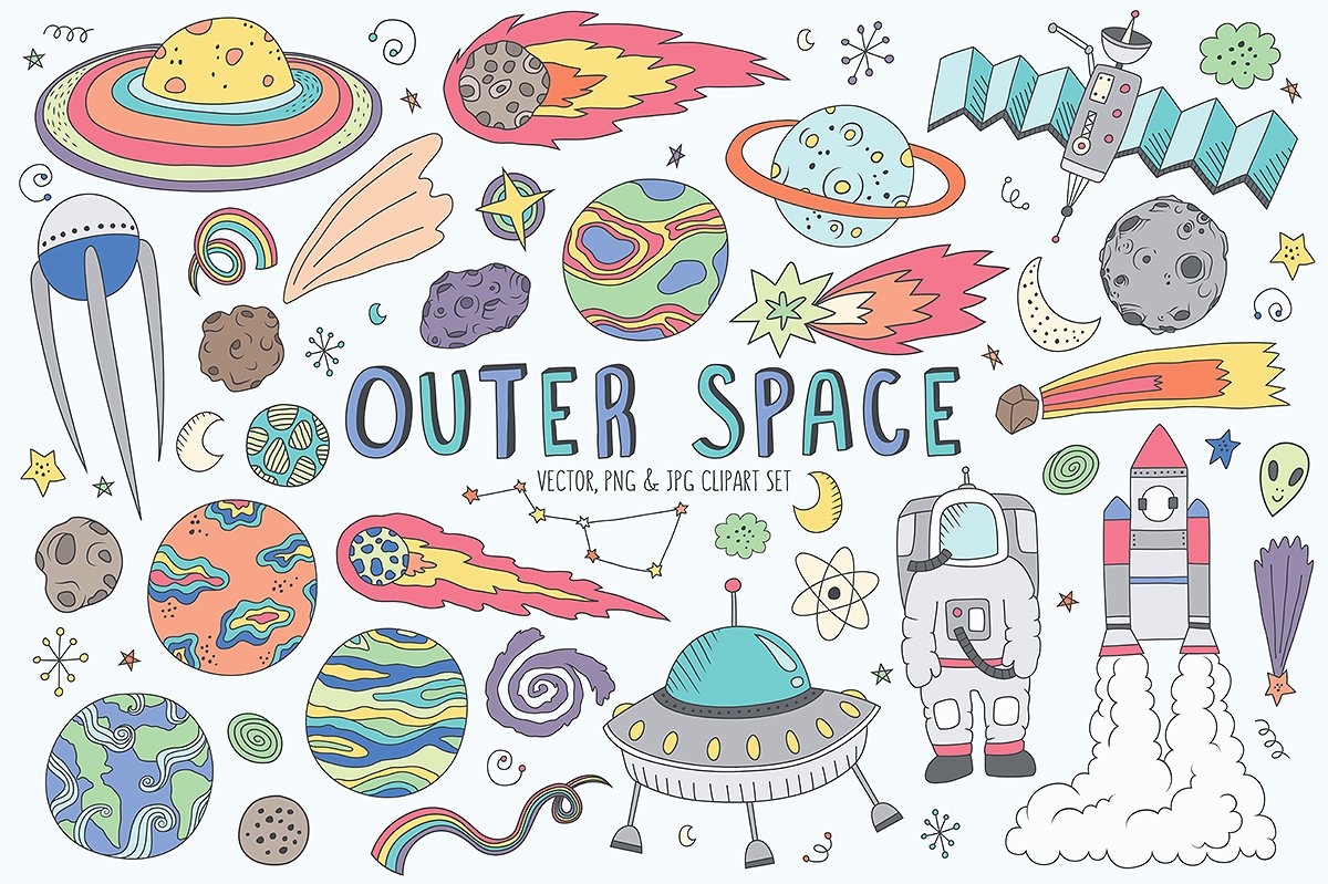 可爱的太空涂鸦剪贴画集 space doodles cute clip art set